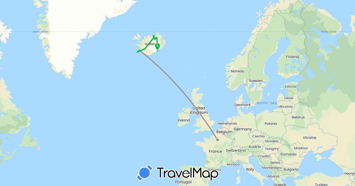 TravelMap itinerary: driving, bus, plane, cycling, hiking, boat in France, Iceland (Europe)
